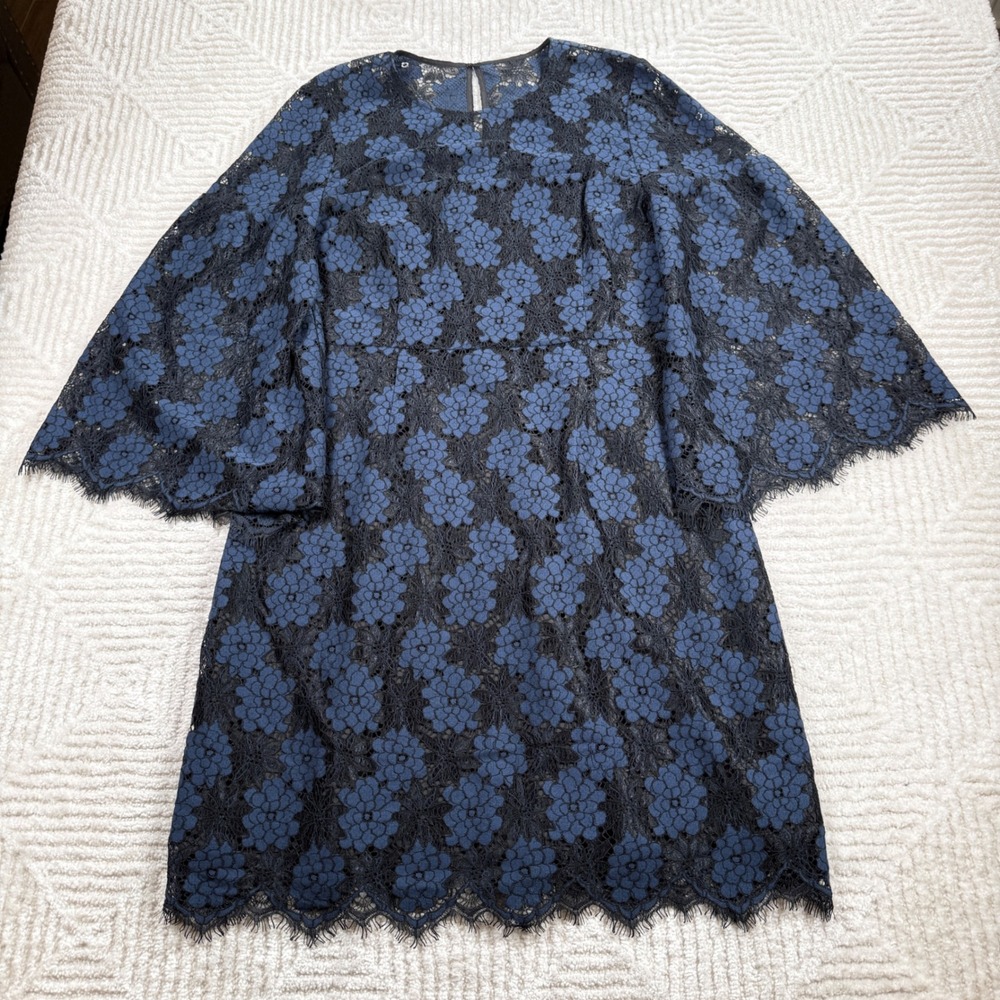 Trina Turk Shift Dress Womens 14 Navy Bell Sleeve Cocktail Lace Floral Romantic